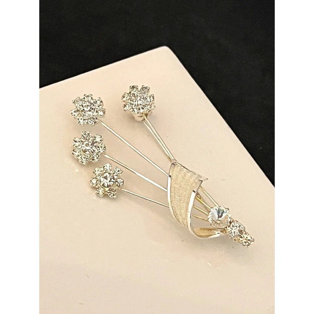 Vintage 1950s Brooch Clear Rhinestone Floral Spray Silver Tone Mid Century - 1I